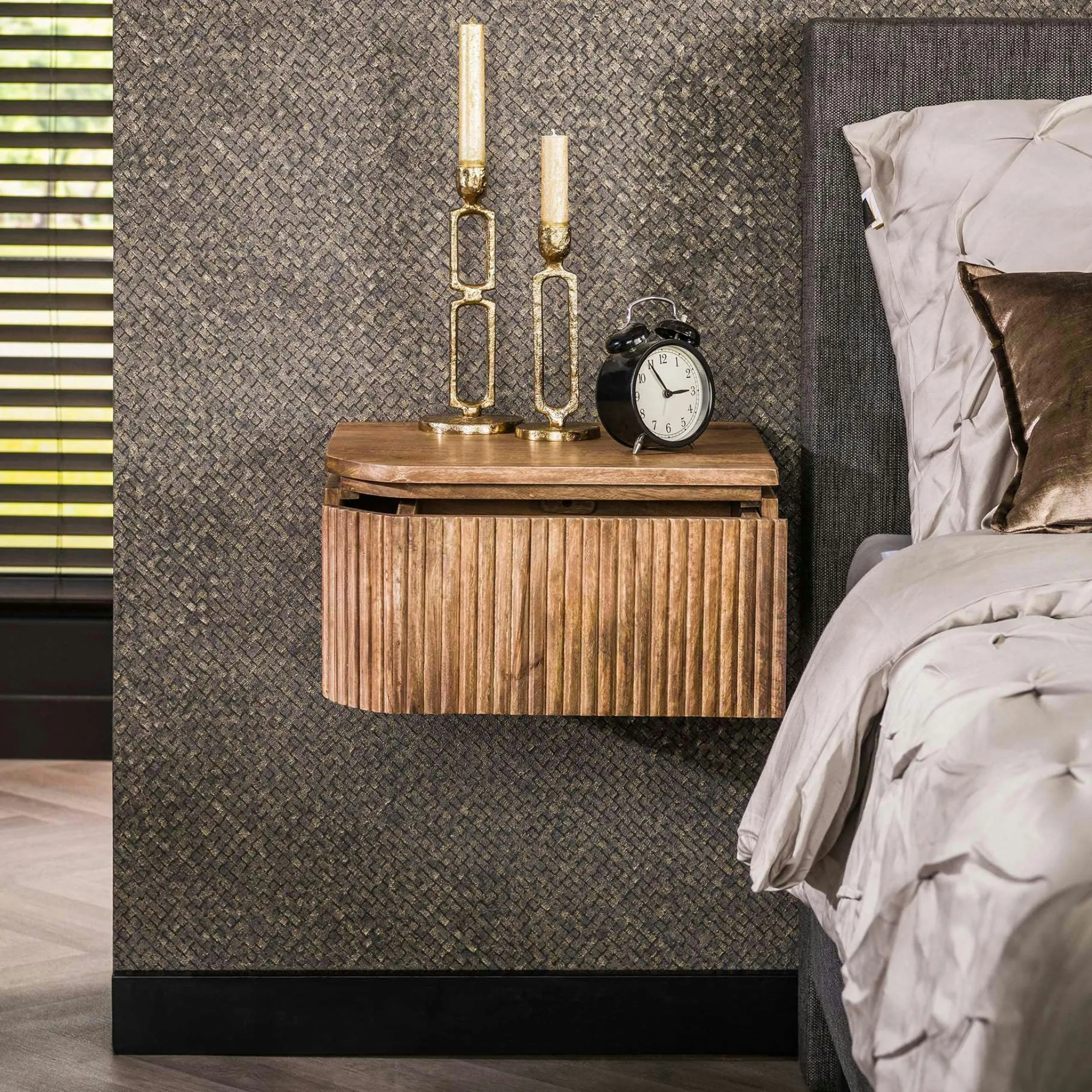 Table de nuit murale en bois de manguier motif baguette (lot de 2) DELHI