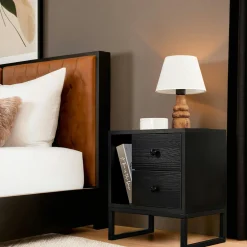 Table de nuit noire effet bois - 2 tiroirs, 1 niche JENA