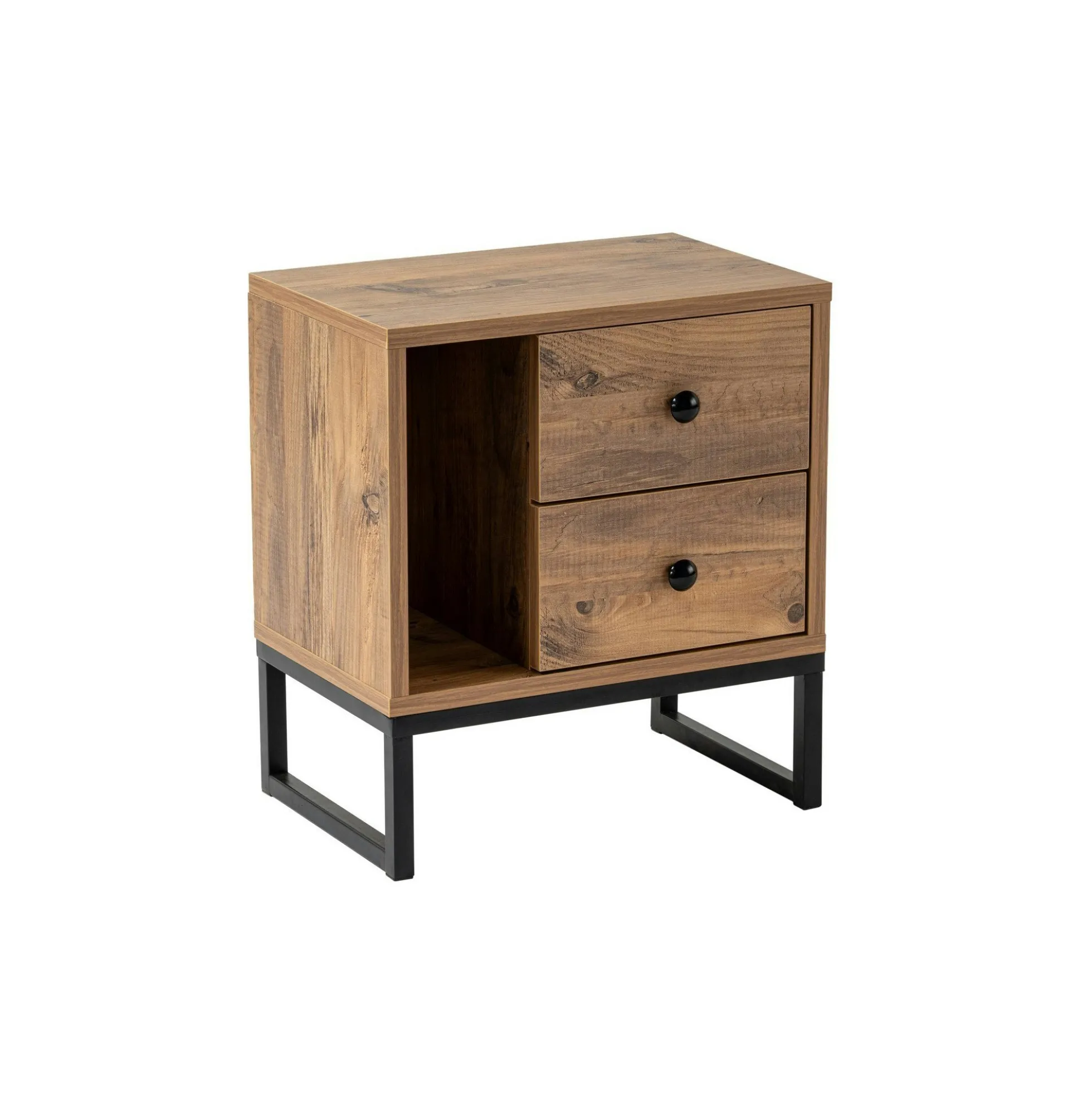 Table de nuit 2 tiroirs 1 niche, effet bois de pin JENA