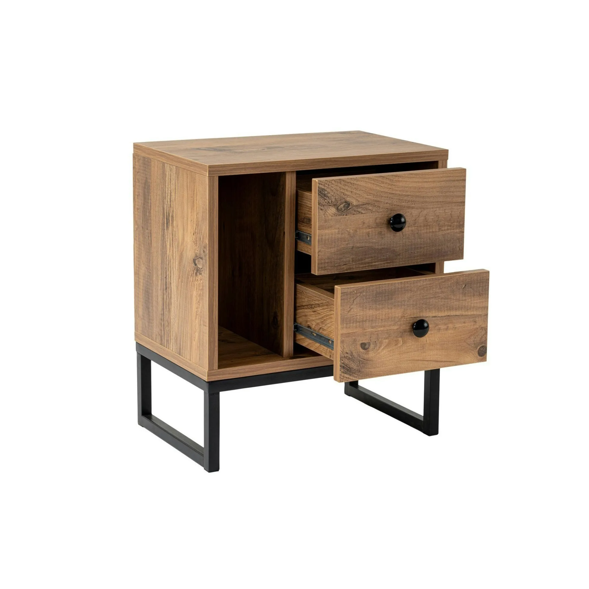 Table de nuit 2 tiroirs 1 niche, effet bois de pin JENA