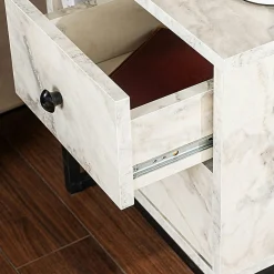 Table de nuit 2 tiroirs 1 niche, effet marbre blanc JENA