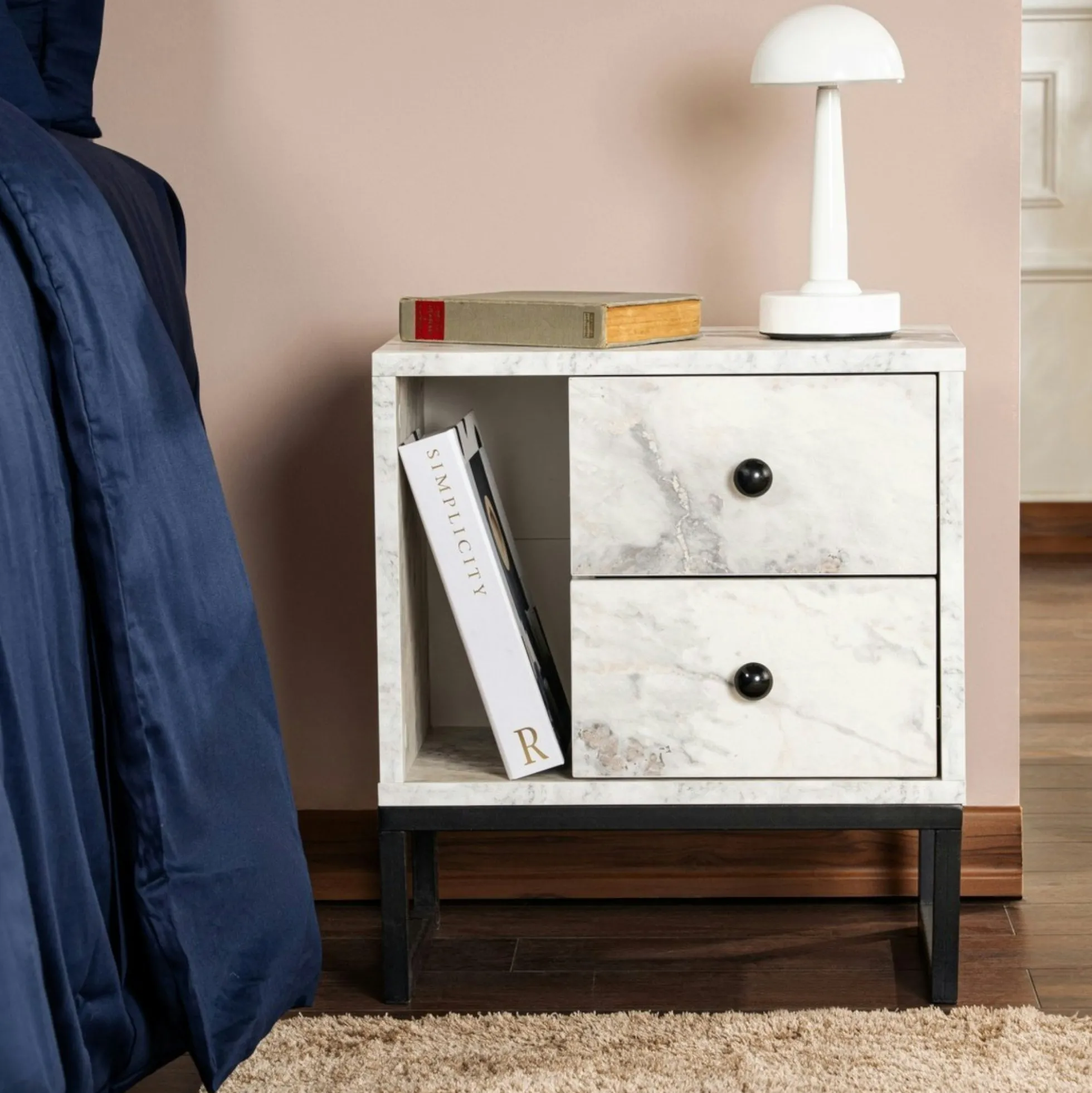 Table de nuit 2 tiroirs 1 niche, effet marbre blanc JENA