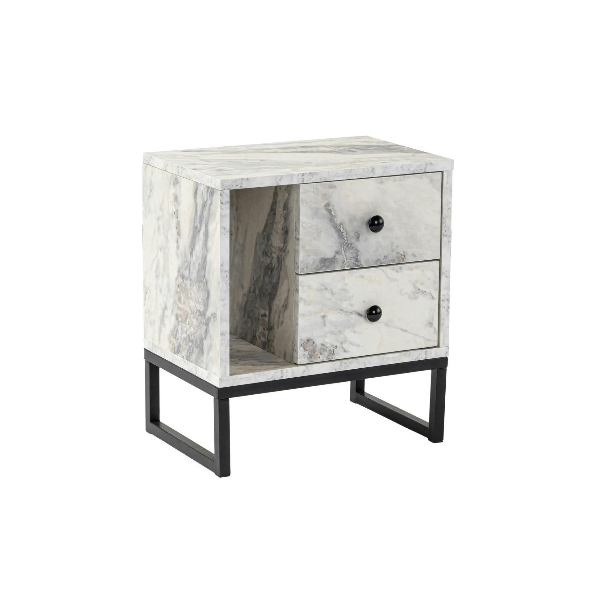Table de nuit 2 tiroirs 1 niche, effet marbre blanc JENA
