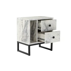 Table de nuit 2 tiroirs 1 niche, effet marbre blanc JENA