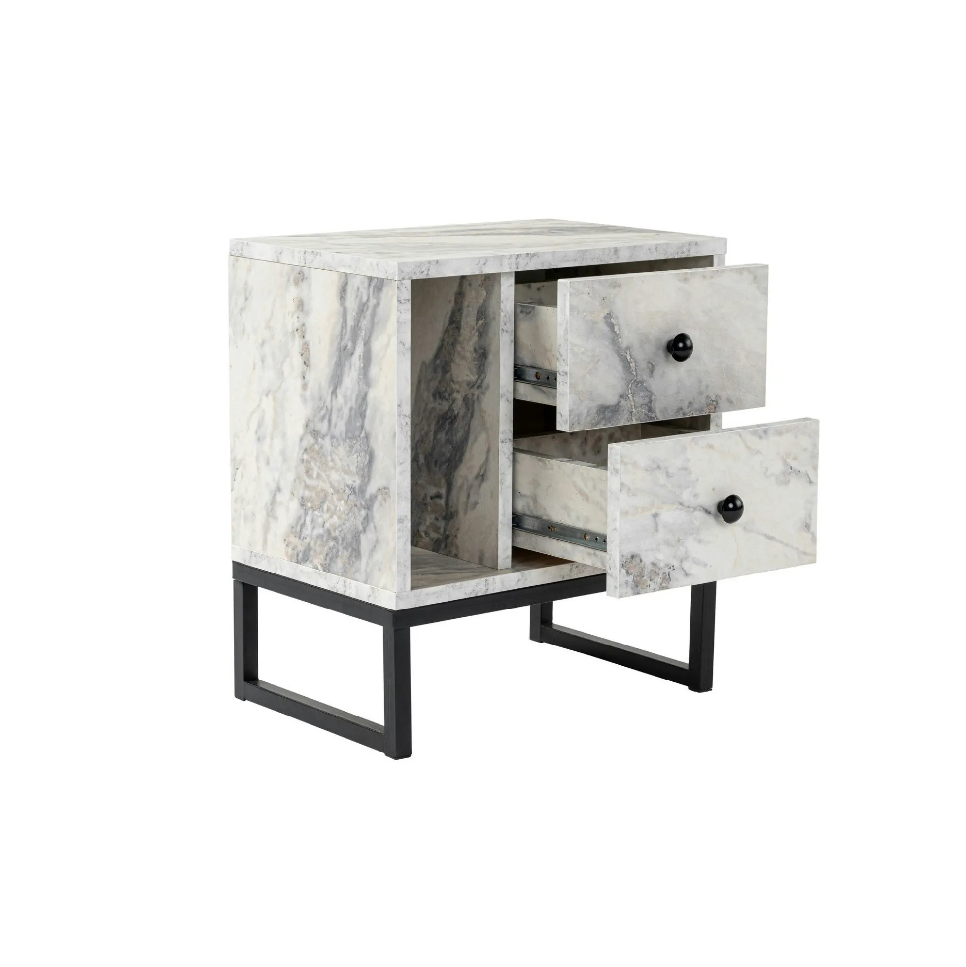 Table de nuit 2 tiroirs 1 niche, effet marbre blanc JENA