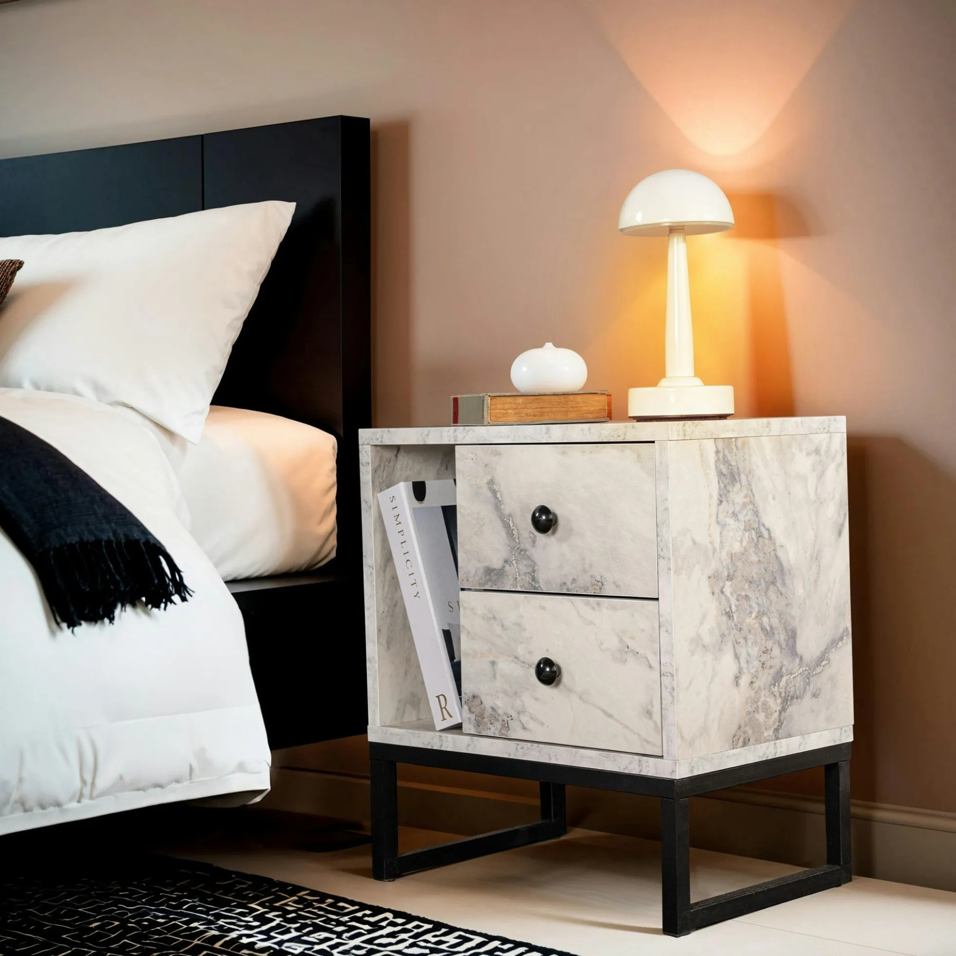 Table de nuit 2 tiroirs 1 niche, effet marbre blanc JENA