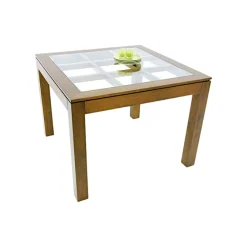 Table de repas carrée Hévéa avec plateau verre posé sur quadrillage bois 100x100x76cm HELENA