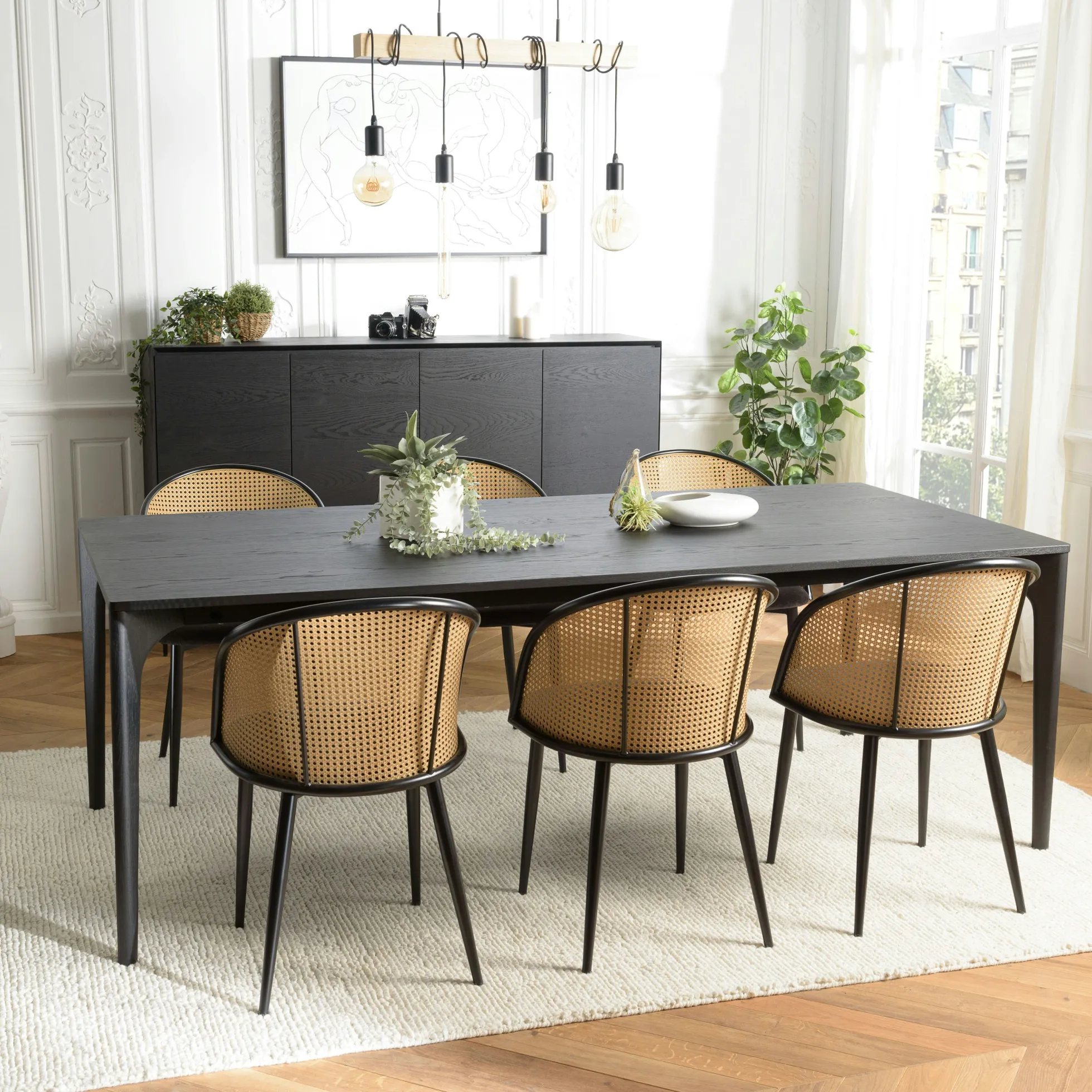 Table de repas moderne noire pieds chêne massif 220 cm PANAMA