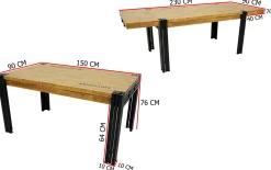 Table de repas rectangle extensible hévéa recyclé naturel et métal noirci 150/230X90X76cm DOCKER
