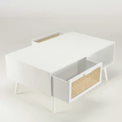 Table de salon bois blanc 2 niches 2 tiroirs rotin CALVIA