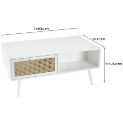 Table de salon bois blanc 2 niches 2 tiroirs rotin CALVIA