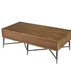 Table de salon bois exotique pieds métal croisés 2 tiroirs motifs losanges KANHA