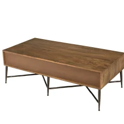 Table de salon bois exotique pieds métal croisés 2 tiroirs motifs losanges KANHA