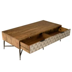 Table de salon bois exotique pieds métal croisés 2 tiroirs motifs losanges KANHA