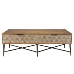 Table de salon bois exotique pieds métal croisés 2 tiroirs motifs losanges KANHA