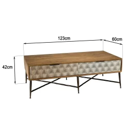 Table de salon bois exotique pieds métal croisés 2 tiroirs motifs losanges KANHA