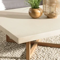 Table de salon carrée béton beige pieds bois croisés DIKA