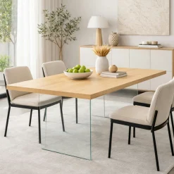 Table extensible bois blanc bords droits pieds verre 180 cm PALERME