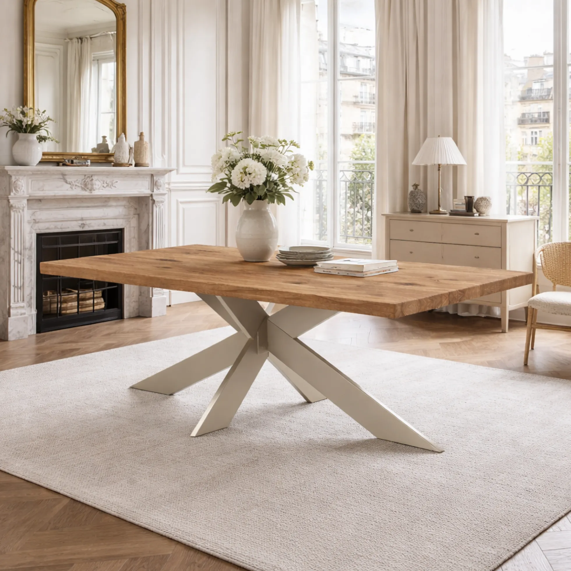 Table extensible bois brun bords droits pied grège fin 220 cm PALERME