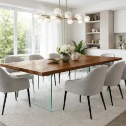 Table extensible bois brun bords droits pieds verre 240 cm PALERME