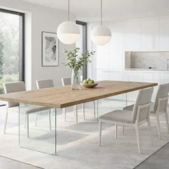 Table extensible bois grisé bords droits pieds verre 240 cm PALERME