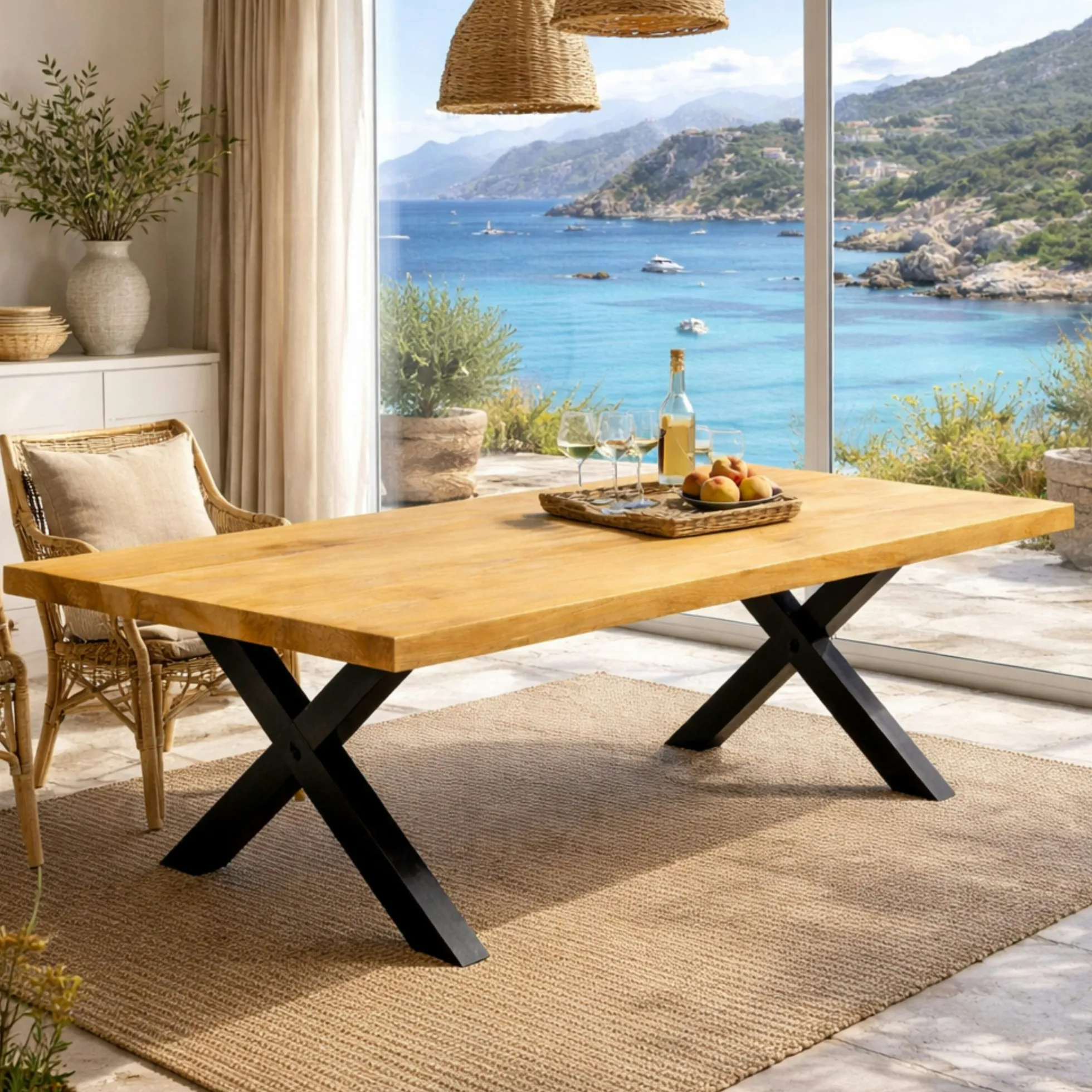 Table extensible bois huilé bords droits pieds en X 240 cm PALERME