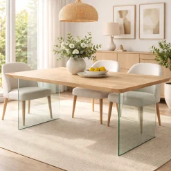 Table extensible chêne blanc bords biseautés pieds verre 180 cm PALERME