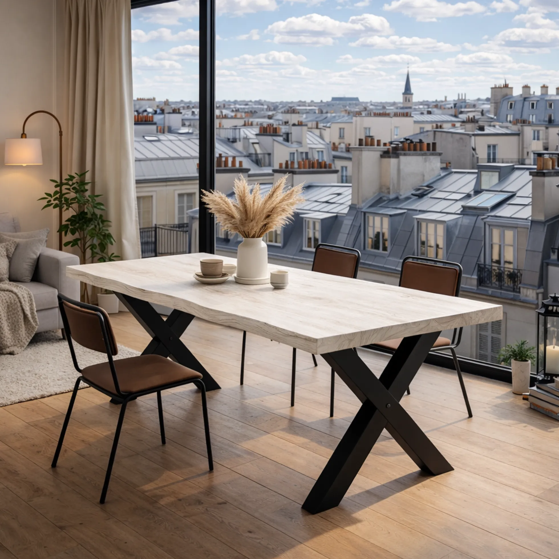 Table extensible chêne blanc bords naturels pieds en X 200 cm PALERME
