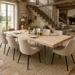 Table extensible chêne blanc bords naturels pieds verre 240 cm PALERME