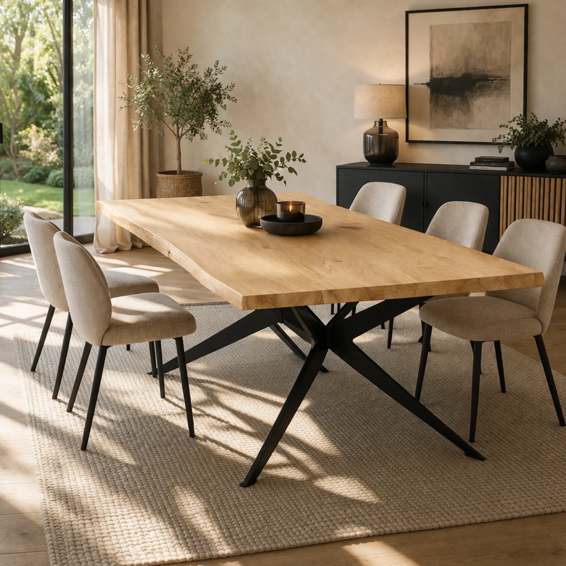Table extensible chêne blanc bords naturels pied graphique 220 cm PALERME