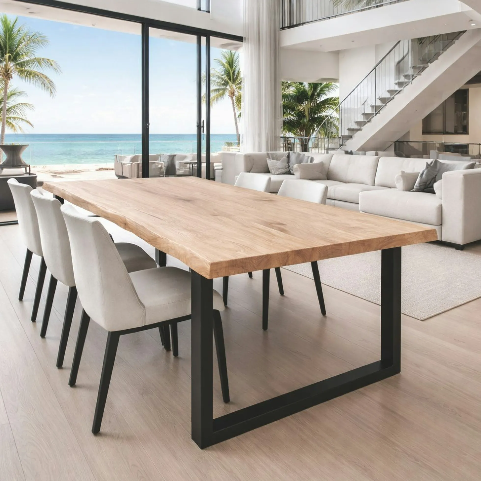 Table extensible chêne blanc bords naturels pieds en U 220 cm PALERME
