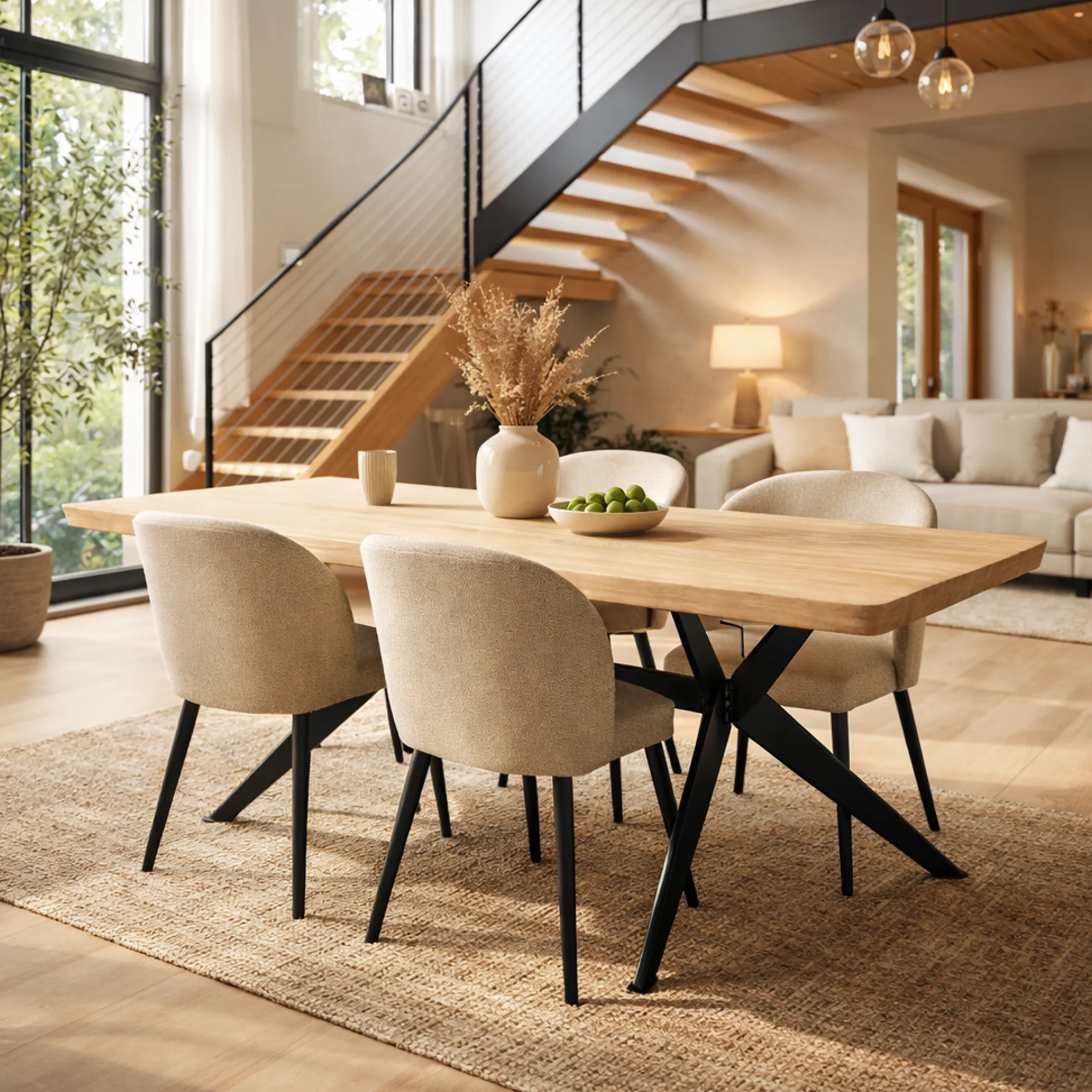 Table extensible chêne blanc bords biseautés pied graphique 200 cm PALERME