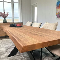 Table extensible chêne brun bords naturels pied noir fin 220 cm PALERME