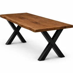 Table extensible chêne brun bords naturels pieds en X 200 cm PALERME