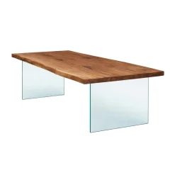 Table extensible chêne brun bords naturels pieds verre 240 cm PALERME