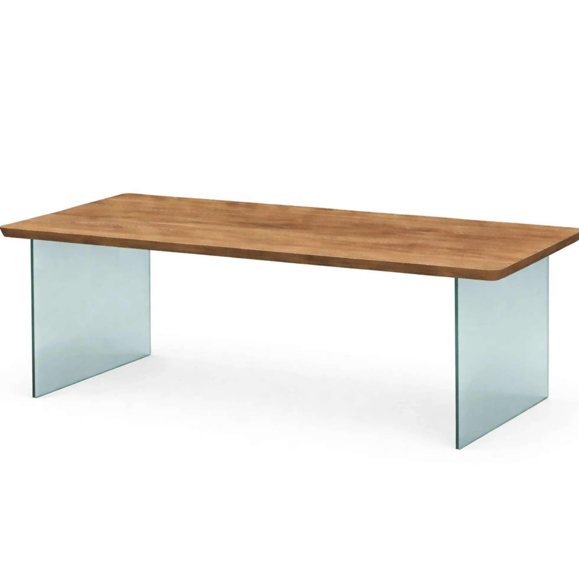 Table extensible chêne brun bords biseautés pieds verre 240 cm PALERME