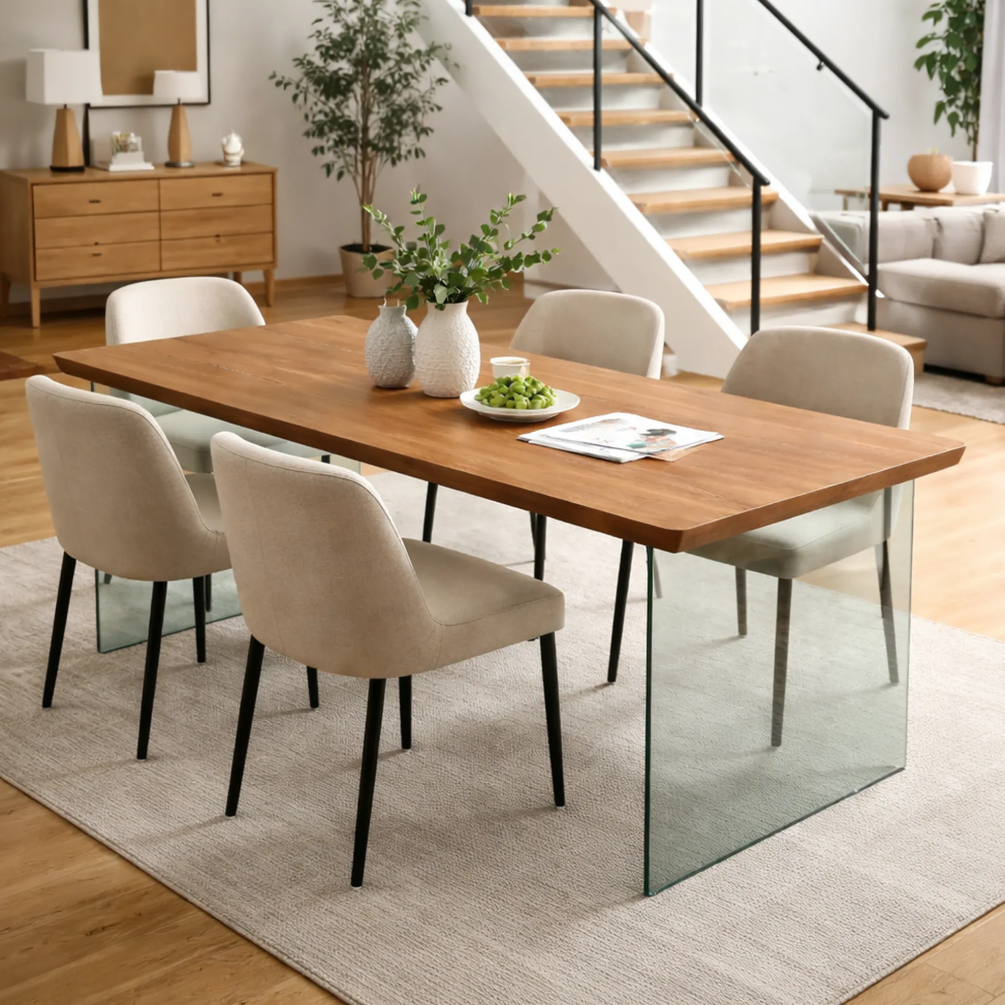 Table extensible chêne brun bords biseautés pieds verre 240 cm PALERME