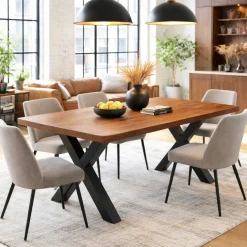 Table extensible chêne brun bords biseautés pieds en X 180 cm PALERME