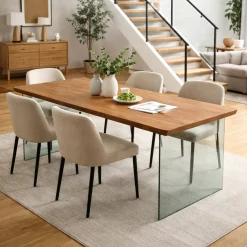 Table extensible chêne brun bords biseautés pieds verre 220 cm PALERME