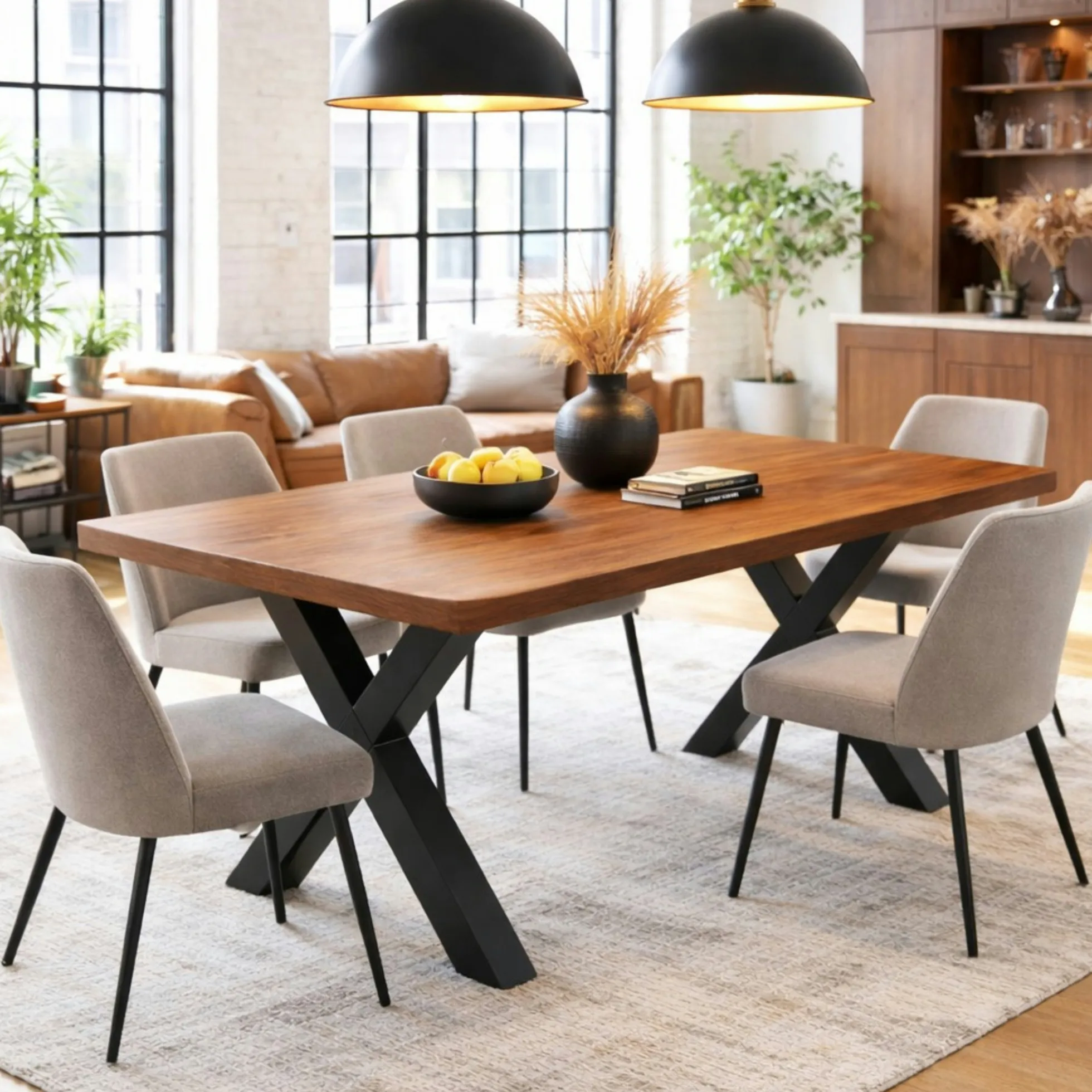 Table extensible chêne brun bords biseautés pieds en X 220 cm PALERME