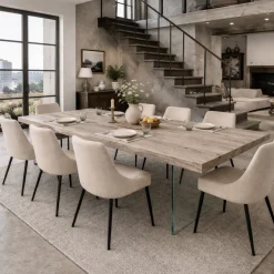 Table extensible chêne grisé bords naturels pieds verre 240 cm PALERME