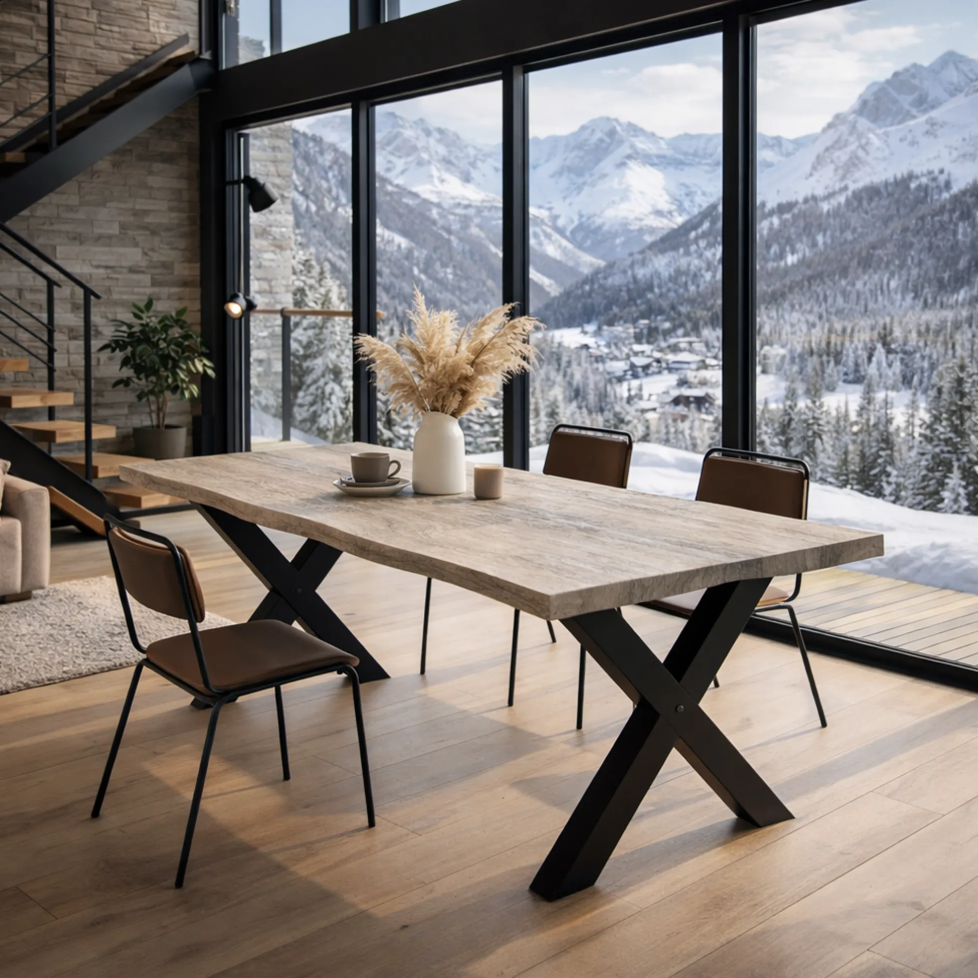 Table extensible chêne grisé bords naturels pieds en X 200 cm PALERME