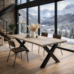 Table extensible chêne grisé bords naturels pieds en X 240 cm PALERME