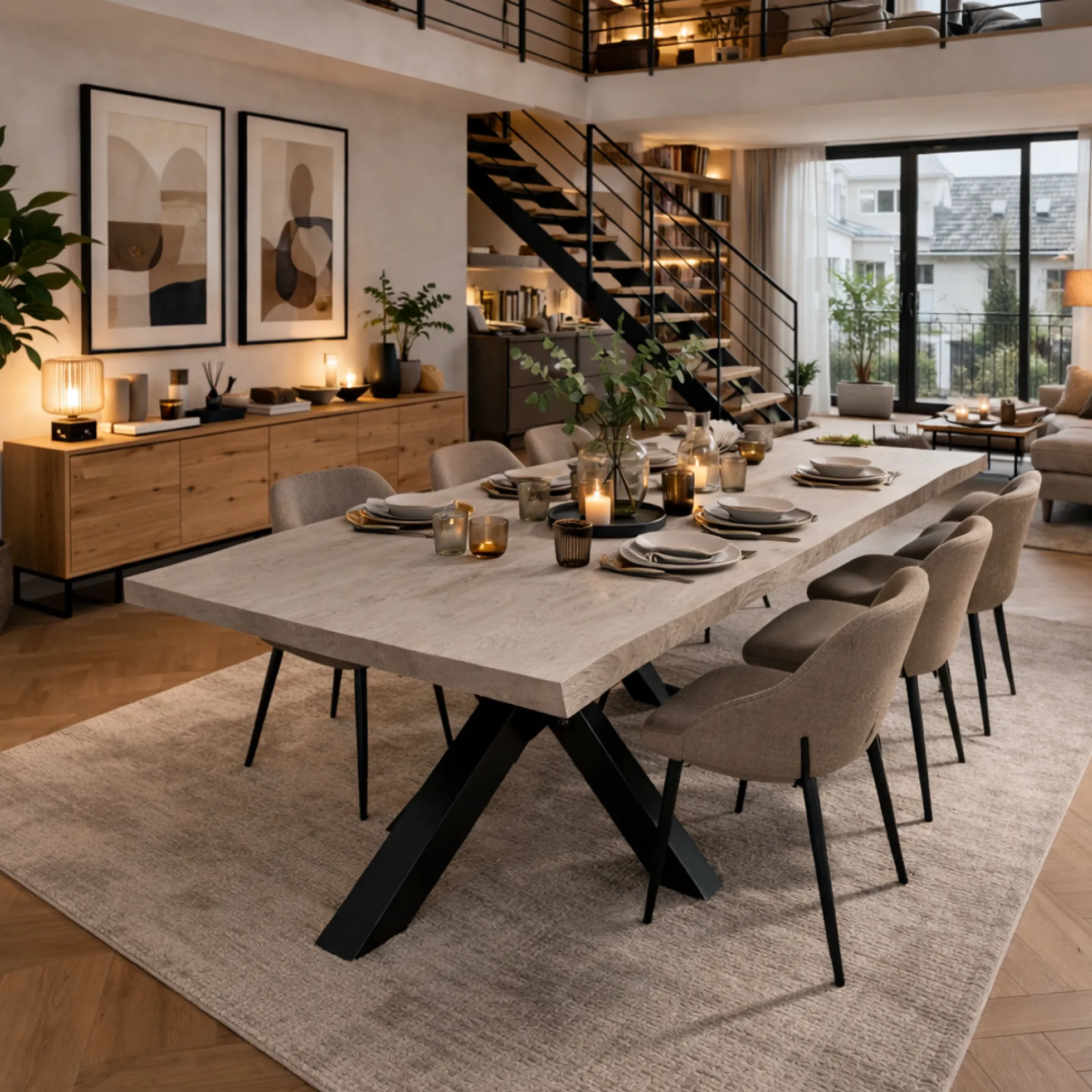 Table extensible chêne grisé bords naturels pied noir 220 cm PALERME