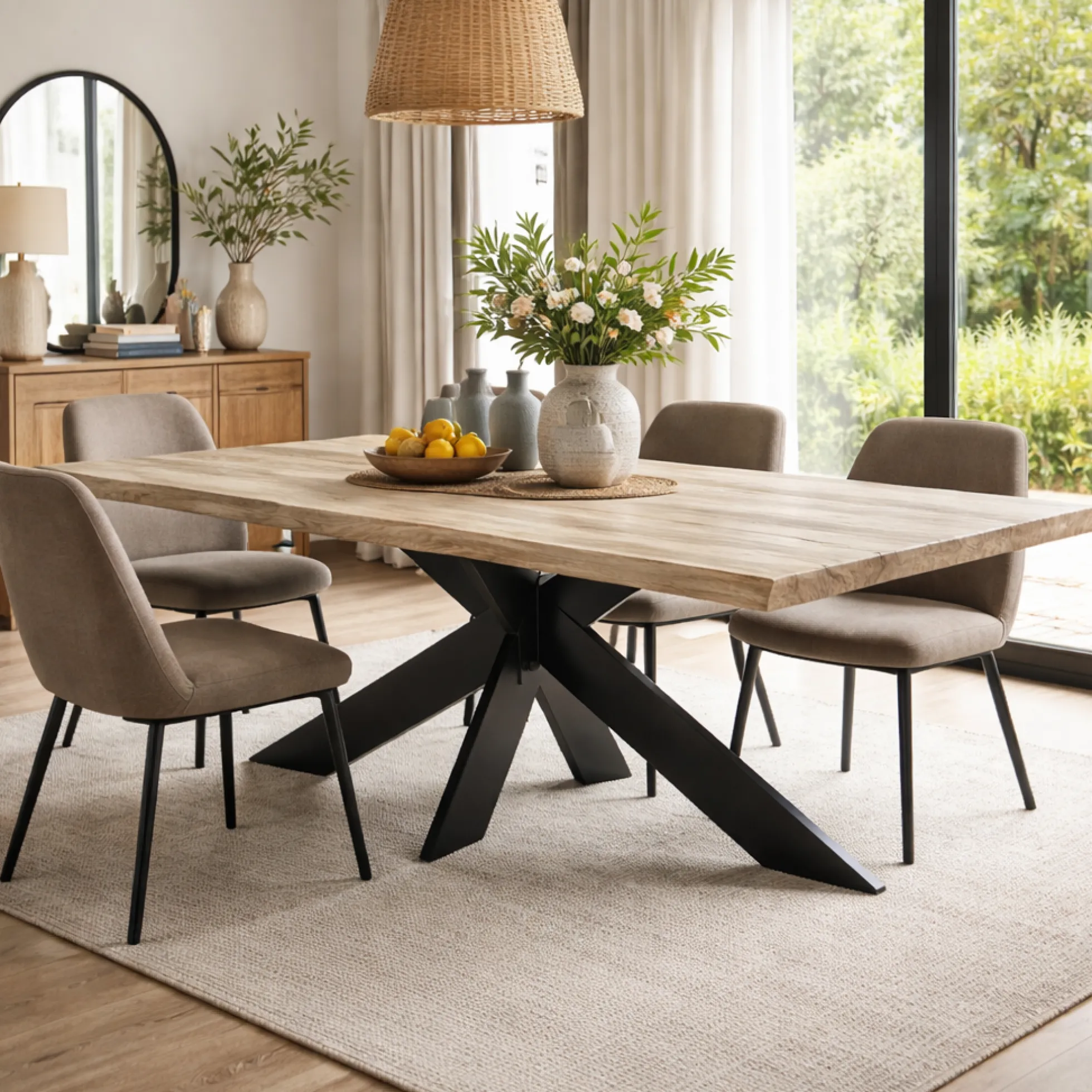 Table extensible chêne grisé bords naturels pied noir fin 240 cm PALERME