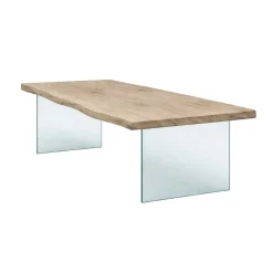 Table extensible chêne grisé bords naturels pieds verre 200 cm PALERME