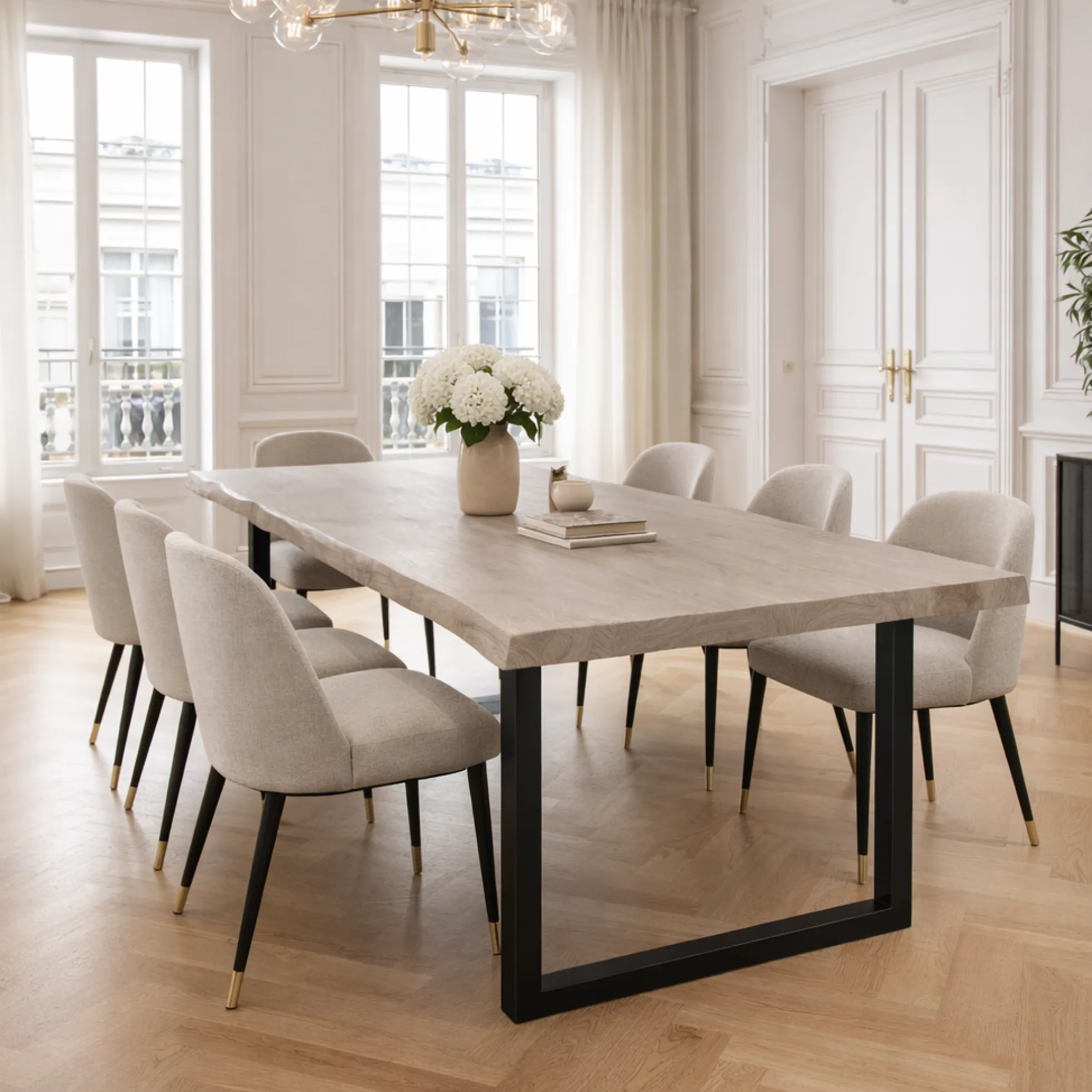 Table extensible chêne grisé bords naturels pieds en U 180 cm PALERME