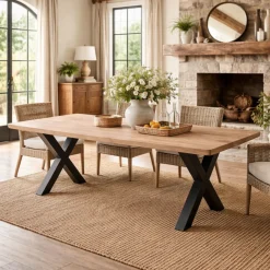 Table extensible chêne grisé bords biseautés pieds en X 200 cm PALERME