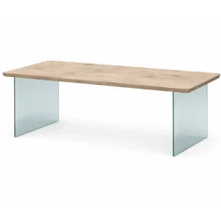 Table extensible chêne grisé bords biseautés pieds verre 220 cm PALERME