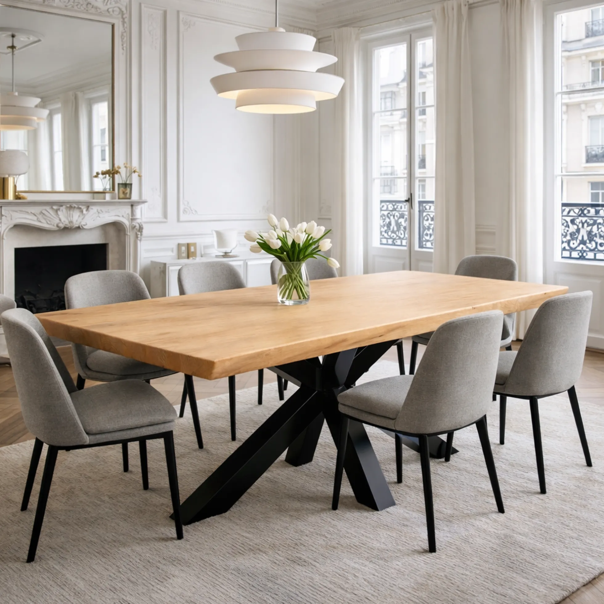 Table extensible chêne huilé bords biseautés pied noir 240 cm PALERME
